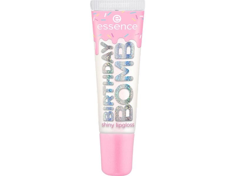 essence Lip Booster Birthday Bomb shiny lipgloss 01 rose Lipgloss mit zarter, milchiger Textur und rosa Schimmerpartikeln