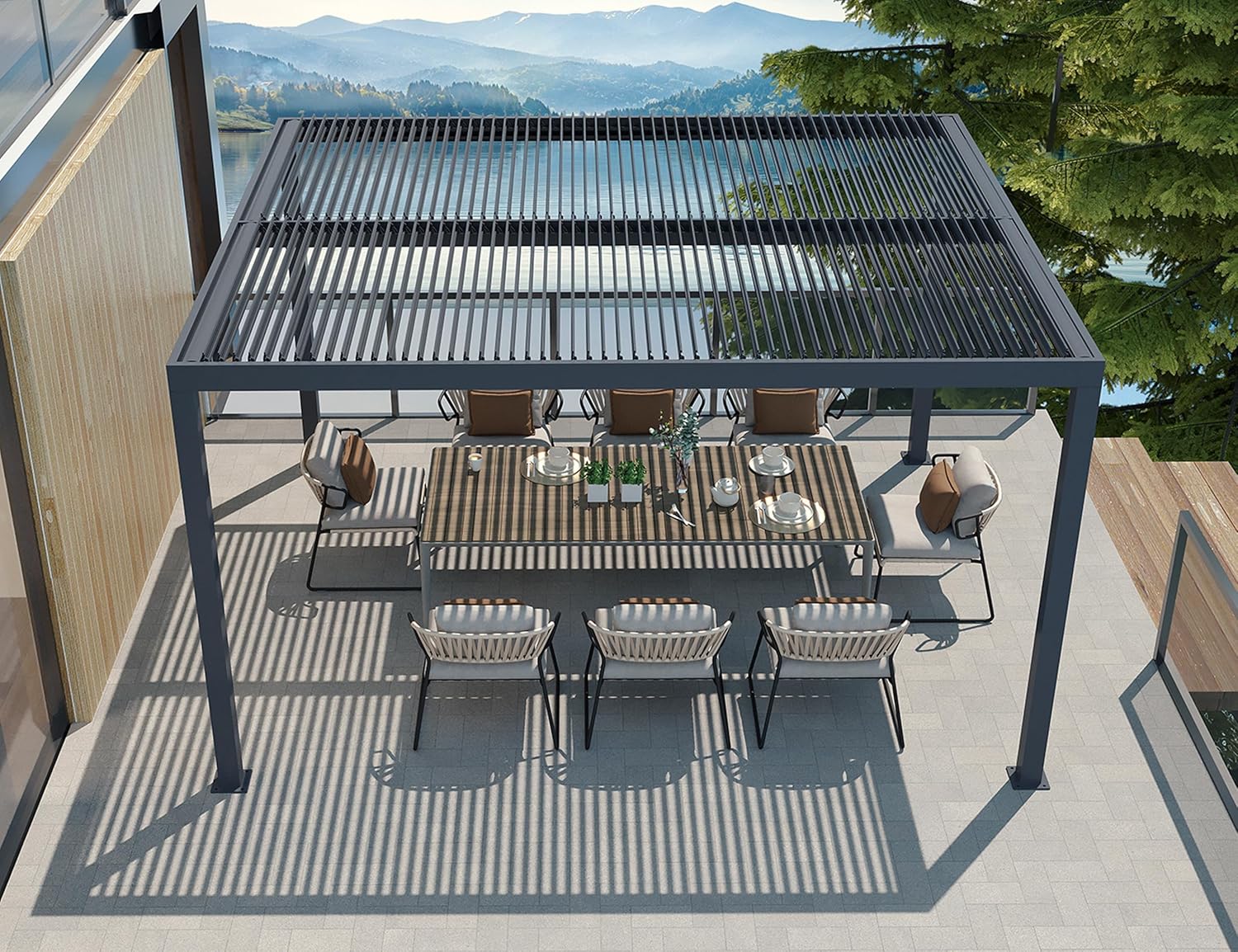 PURPLE LEAF Pavillon 3.65 x 4.25 m mit Lamellendach Freistehend Terrassenüberdachung Verstellbaren Aluminium-Lamellen Pergola Wasserdicht Stabil Winterfest für Garten, Grau