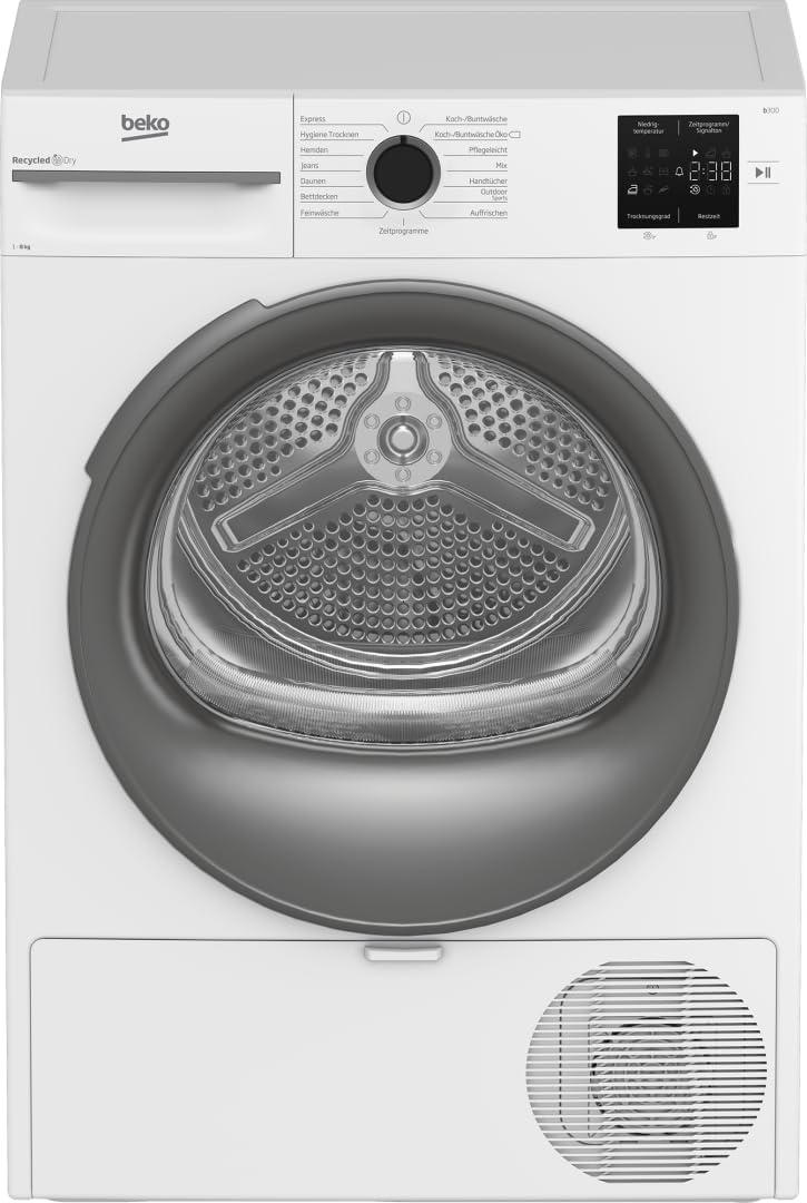 Beko BM3T38210W1 Wärmepumpentrockner, Wäschetrockner, 8 kg, allergikergeeignet, Hygiene Trocknen & Hygiene Auffrischen, 15 Programme, Express, Weiß