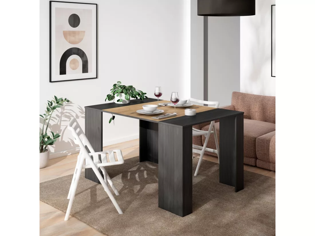 Table console extensible, 140, Pour 6 personnes, Table à Manger, Noir et chêne