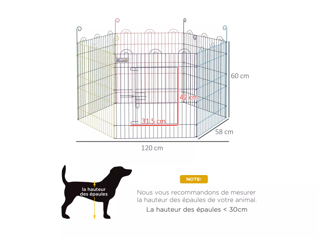 Parc enclos modulable pour chien animaux porte verrouillable 6 panneaux dim. panneau 59L x 60H cm métal multicolore
