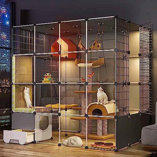 kattenren binnen/buiten met kattenbak, kattenren for huisdieren, transparant ontwerp, kennels for katten gemakkelijk schoon te maken(Package C,145 * 110 * 145CM)