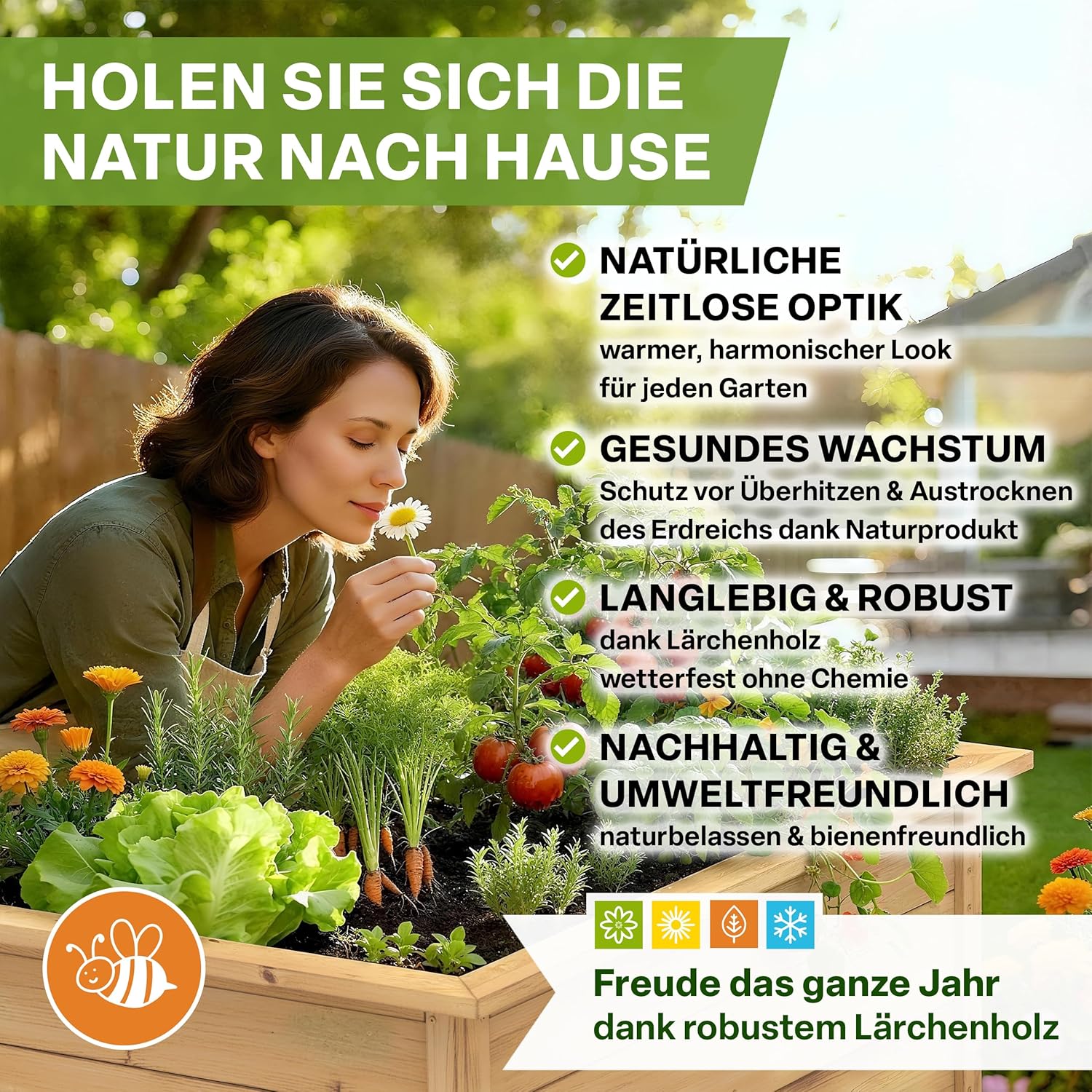 TTL GARDEN Lärchen-Hochbeet LARENA L 170x90x84cm - Garten Hochbeet aus Lärchen Holz - Hochbeet Kit & Kräuterbeet Set Bausatz mit Wühlmausgitter Lärchenholz wetterfest - für Gemüse Kräuter & Blumen