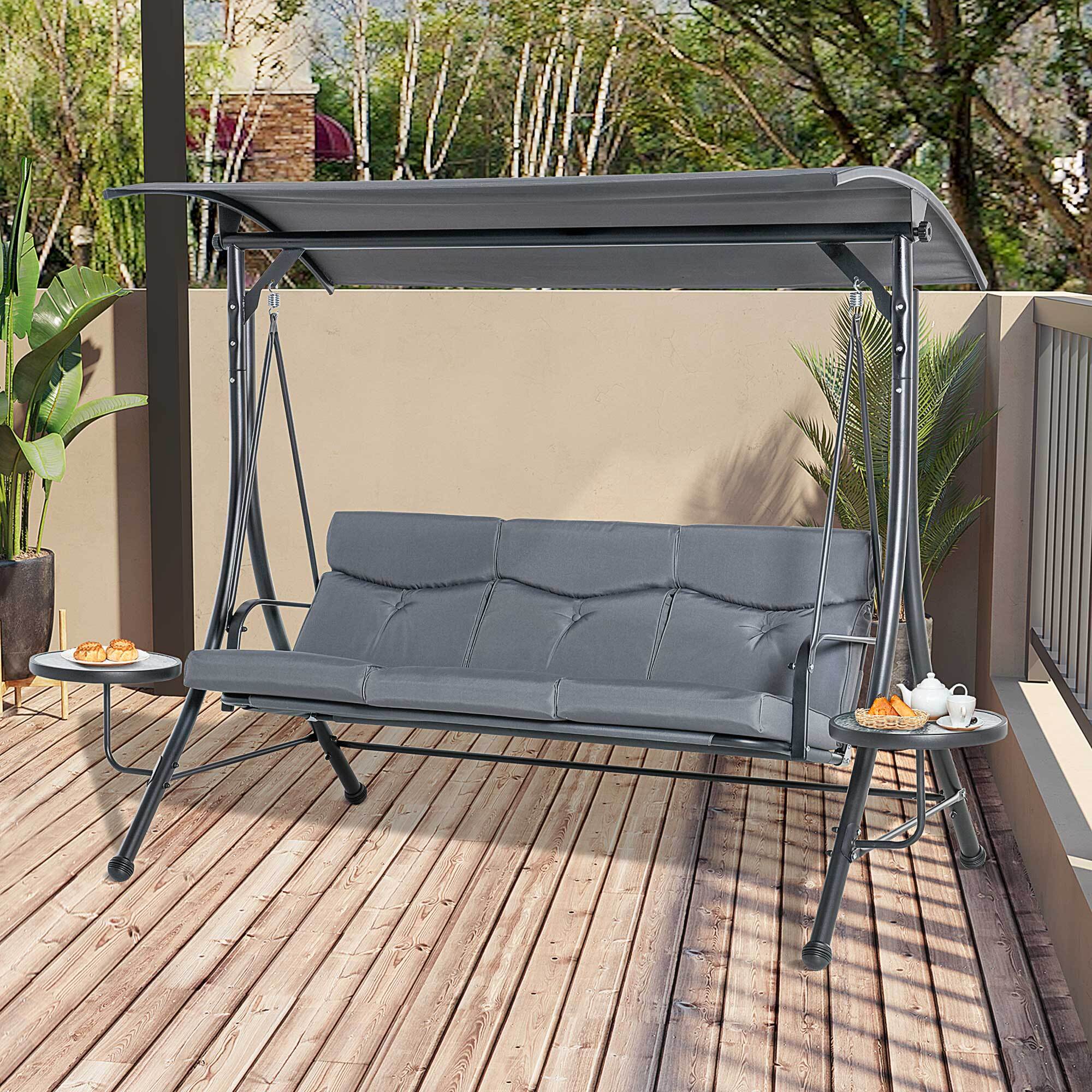 Outsunny 3-Sitzer Hollywoodschaukel mit verstellbarem Sonnendach grau, schwarz 278 x 125 x 177 cm (BxTxH)