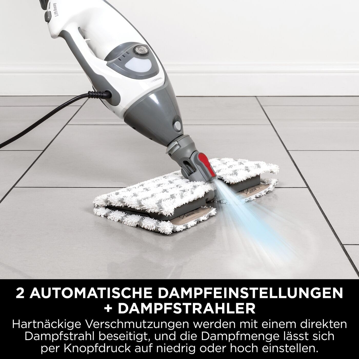 Shark Klik n' Flip Dampfreiniger, Boden- und Handreiniger, Dampfreiniger für Hartböden, Fliesen, Oberflächen, Wasserhähne und Glas, 5 Zubehörteile, 2 Einstellungen, Grau/Weiß S6005EU
