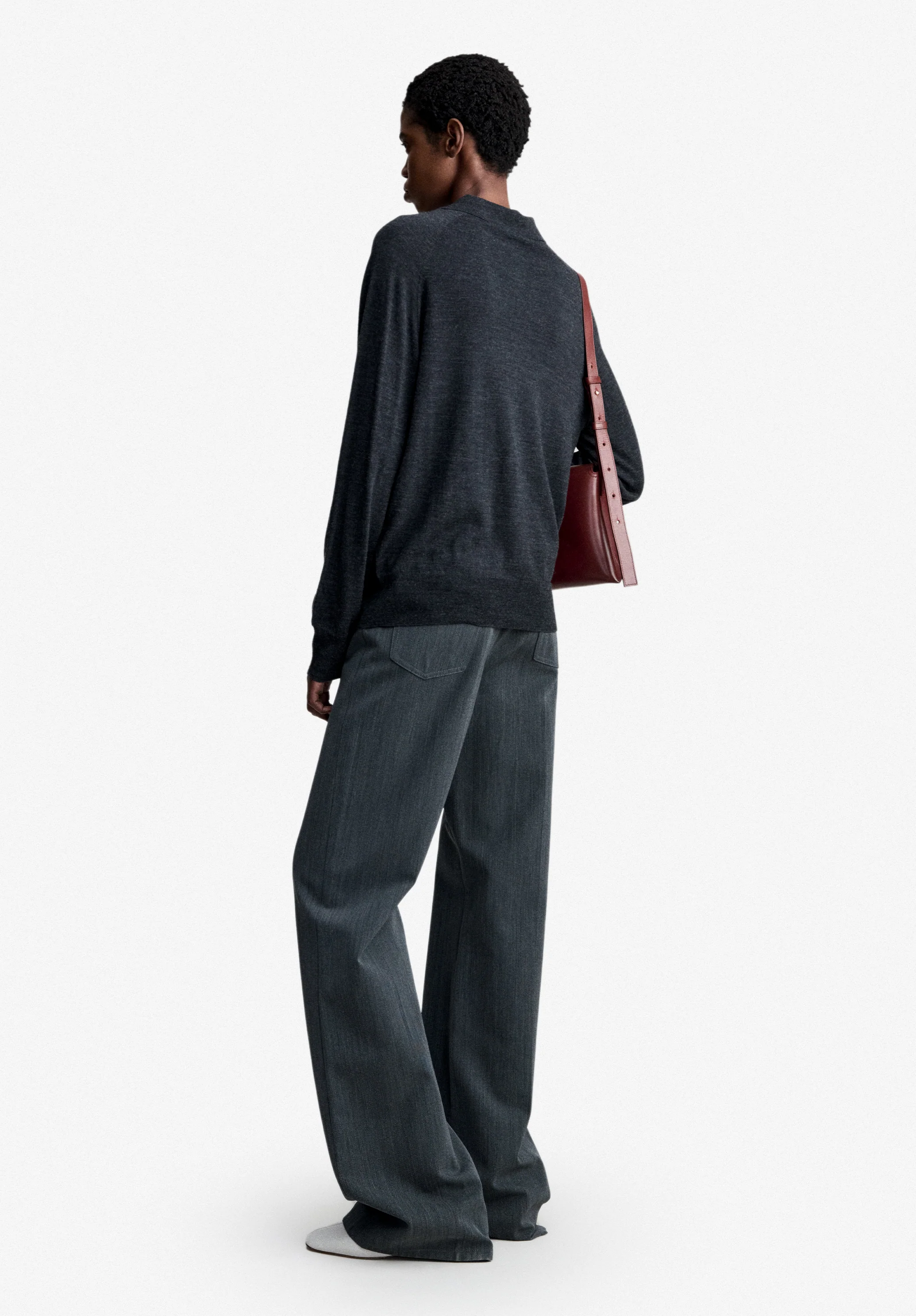 Polo manche longue en laine grise - Anthracite chine