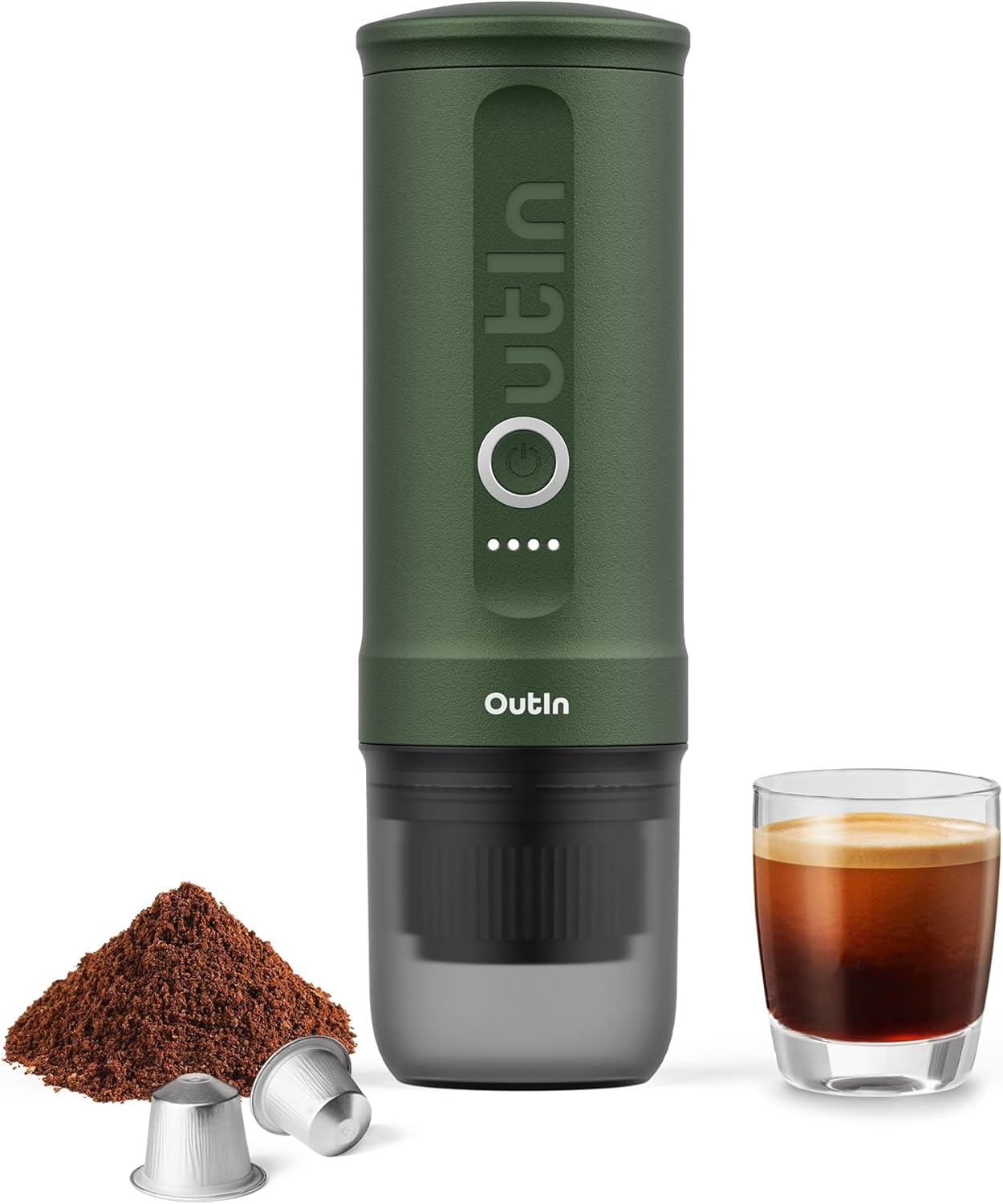 OutIn Nano Tragbare Espressomaschine mit Akku, für unterwegs oder Camping, Kaffeemaschine to go, mit elektrischer Selbsterhitzung über USB - C, 2 in 1 für gemahlenen kaffee und NS - kapseln