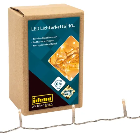 Idena 10er LED Lichterkette, warmweiß, für innen, batterieb., Timer