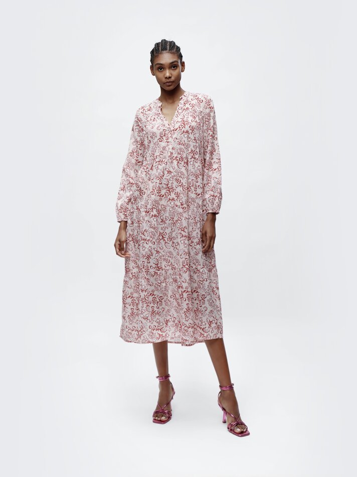Vestido longo estampado de manga comprida - Rosa