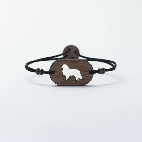 Pulseira de madeira personalizável com desenho de Collie, preta.