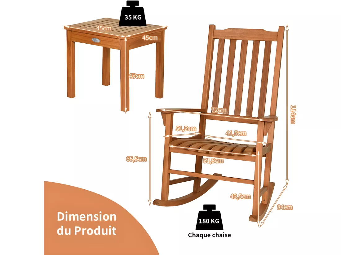 Ensemble de Jardin 3 Pièces, Table et 2 Chaises à Bascule en Bois d’Eucalyptus, Salon de Jardin pour Balcon, Terrasse
