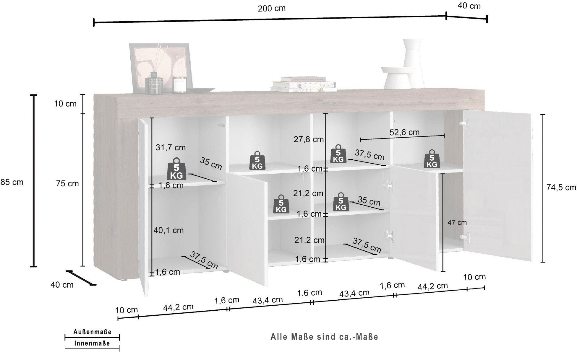 INOSIGN Sideboard »CHRONOS Breite 200 cm  mit 4 Türen, 2 offene und 8 geschlossene Fächer« 1 Stk. tlg. Sideboard,Kommode, Schrank, Grifflos mit Push to Open, Made in Italy