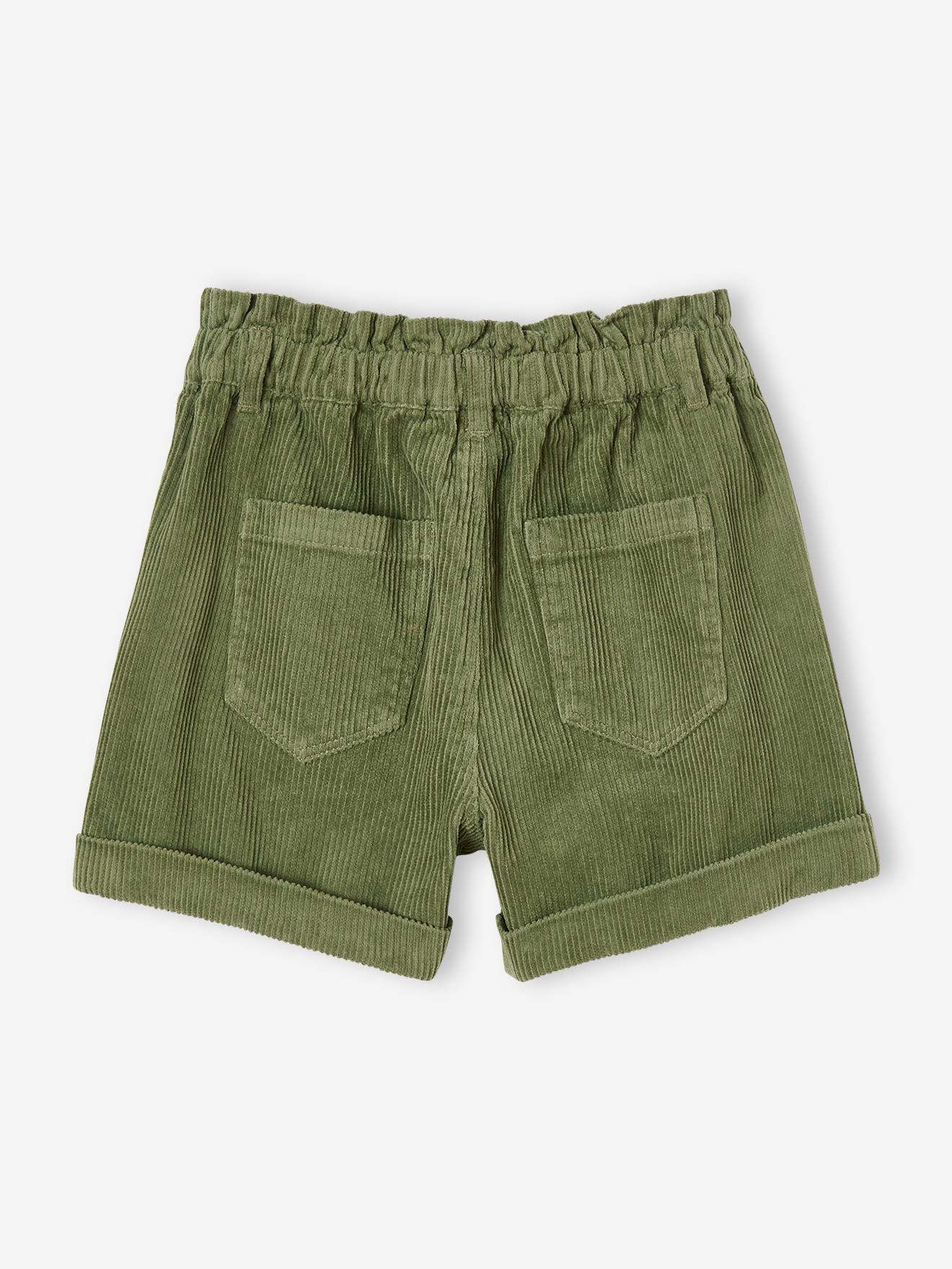 Calça curta de veludo cotelê, estilo paperbag, marrom médio, lisa.