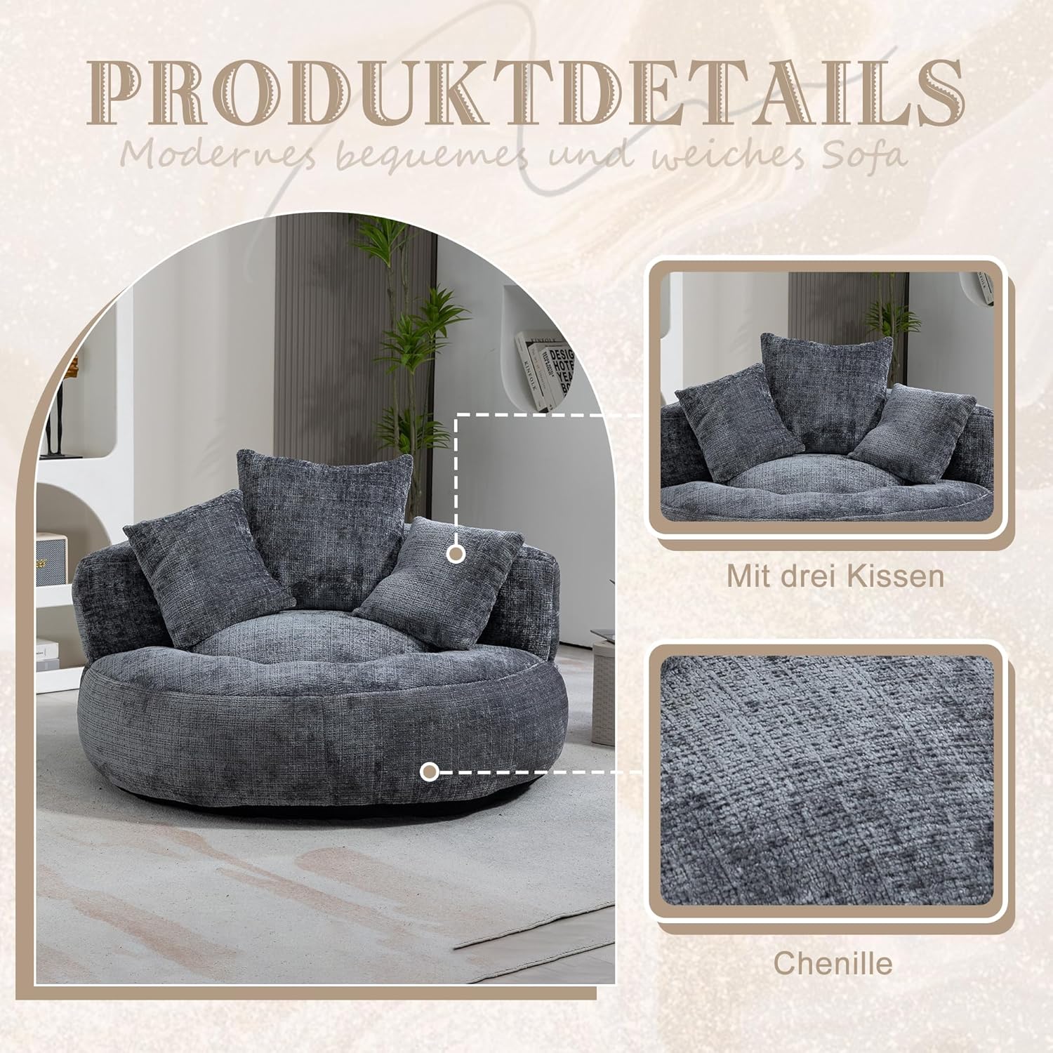 okwish Schlafsofa mit 3 Kissen, Ecksofa Lazy Sofa Indoor & Outdoor Sitzsack Relaxsessel für Schlafzimmer, Büro, Posterstuhl, Chenille-Stoff, Grau