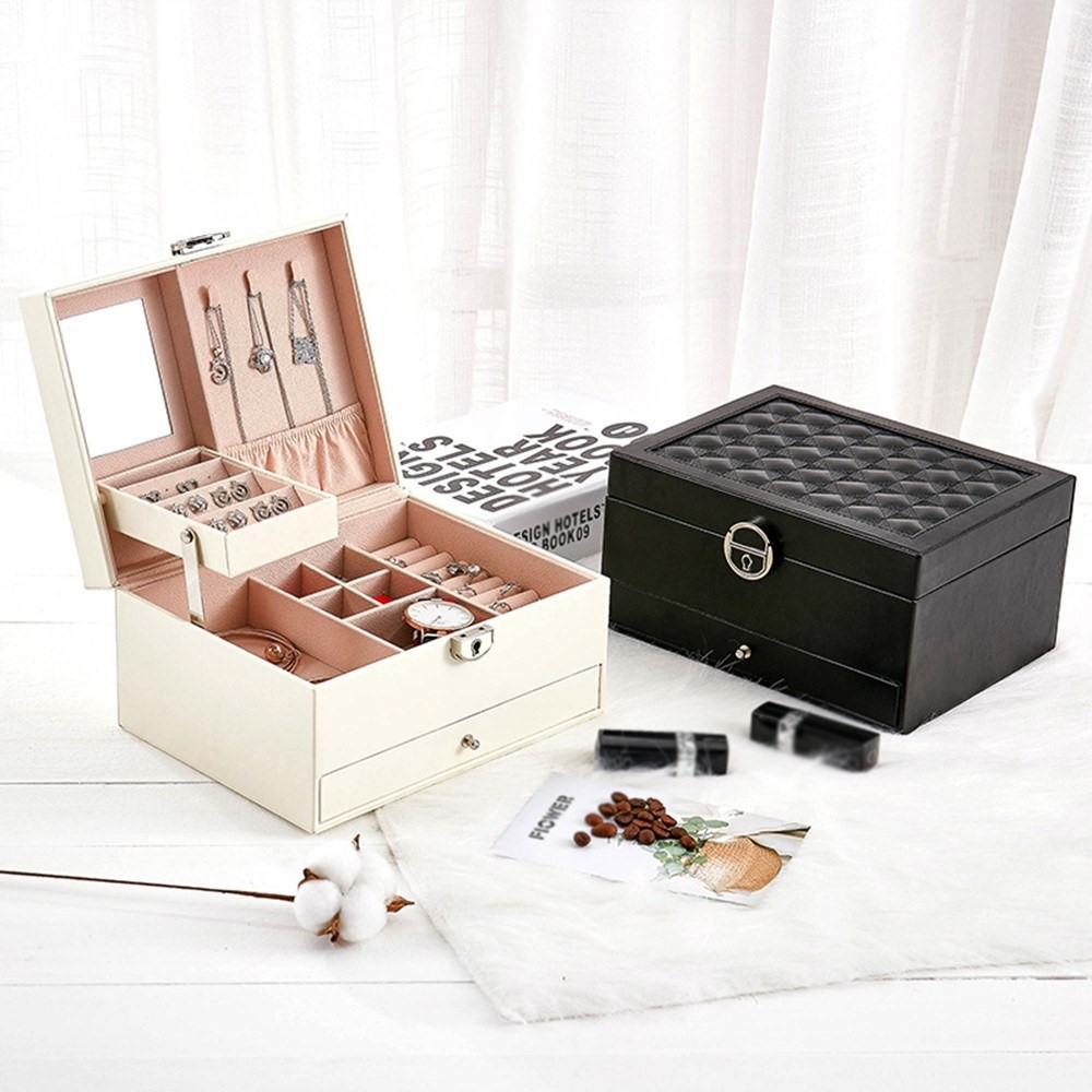 (22.5x17x12cm) Leder Schmuckschatulle Aufbewahrungsbox Organizer für Ringe / Ohrringe / Armbänder - Schwarz