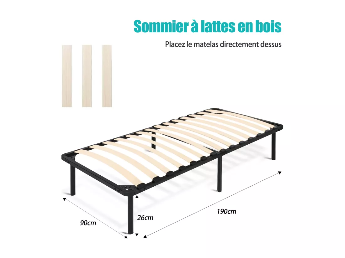 Lit Ensemble Matelas et Sommier 90x190 cm - Matelas 90x190x15cm Mousse - Sommier 90x190cm avec Pieds (Deux colis)