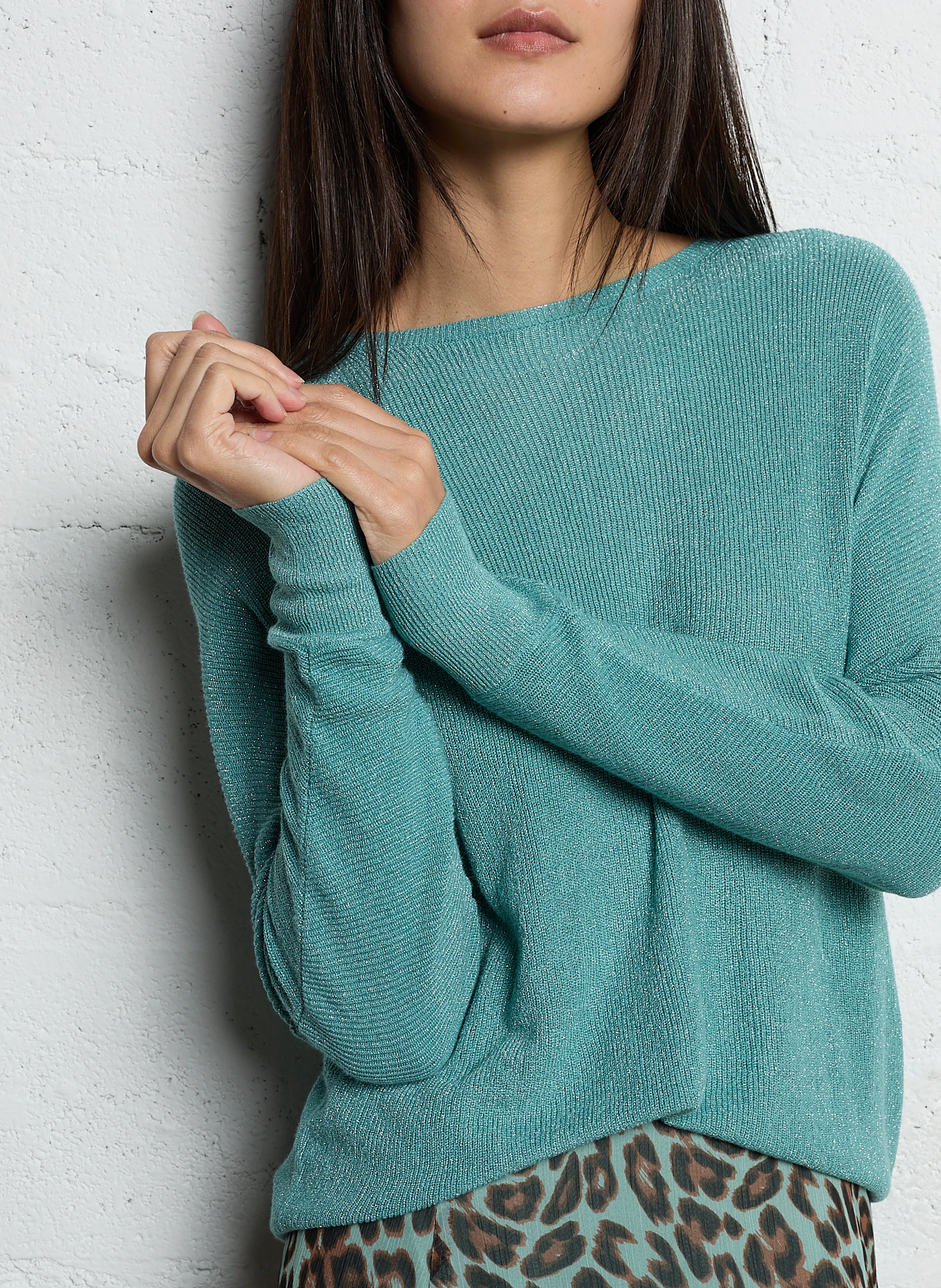 MACARENY - Pull droit col bateau en maille lurex | Vert