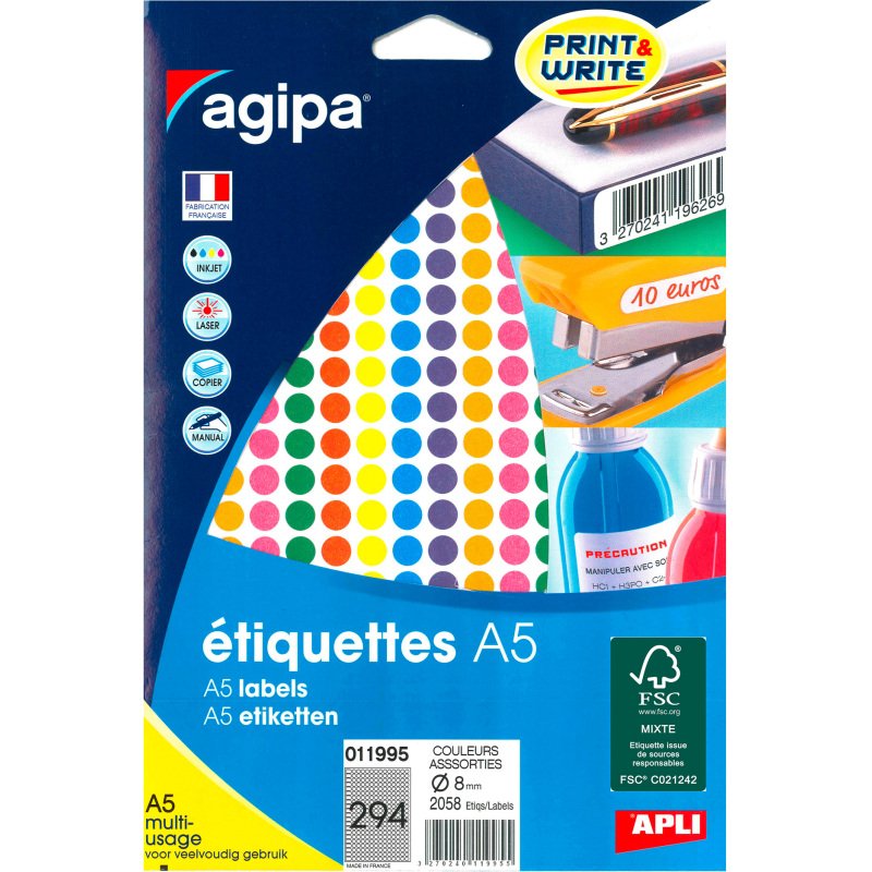 Pastille adhésive Ø 8 mm Agipa 11995 couleurs assorties - Boîte de 1764