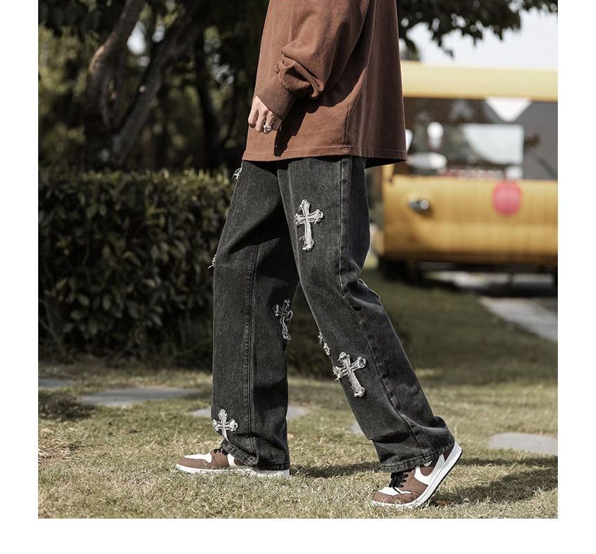 DuckleBeam - Mid Rise Cross Applique Washed Straight Leg Jeans