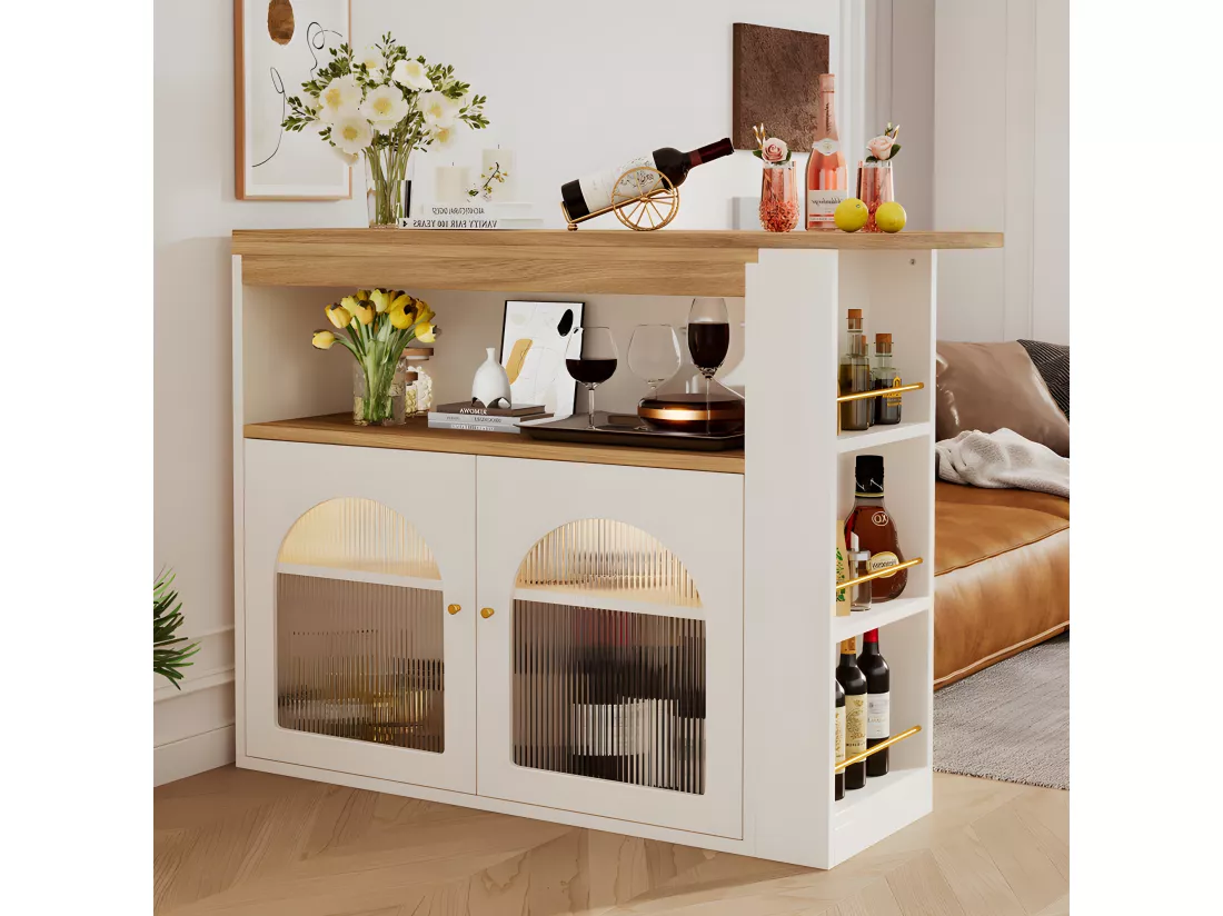 Buffet、Meuble de bar pivotant et escamotable avec LED - grand espace de rangement - style contemporain - Blanc