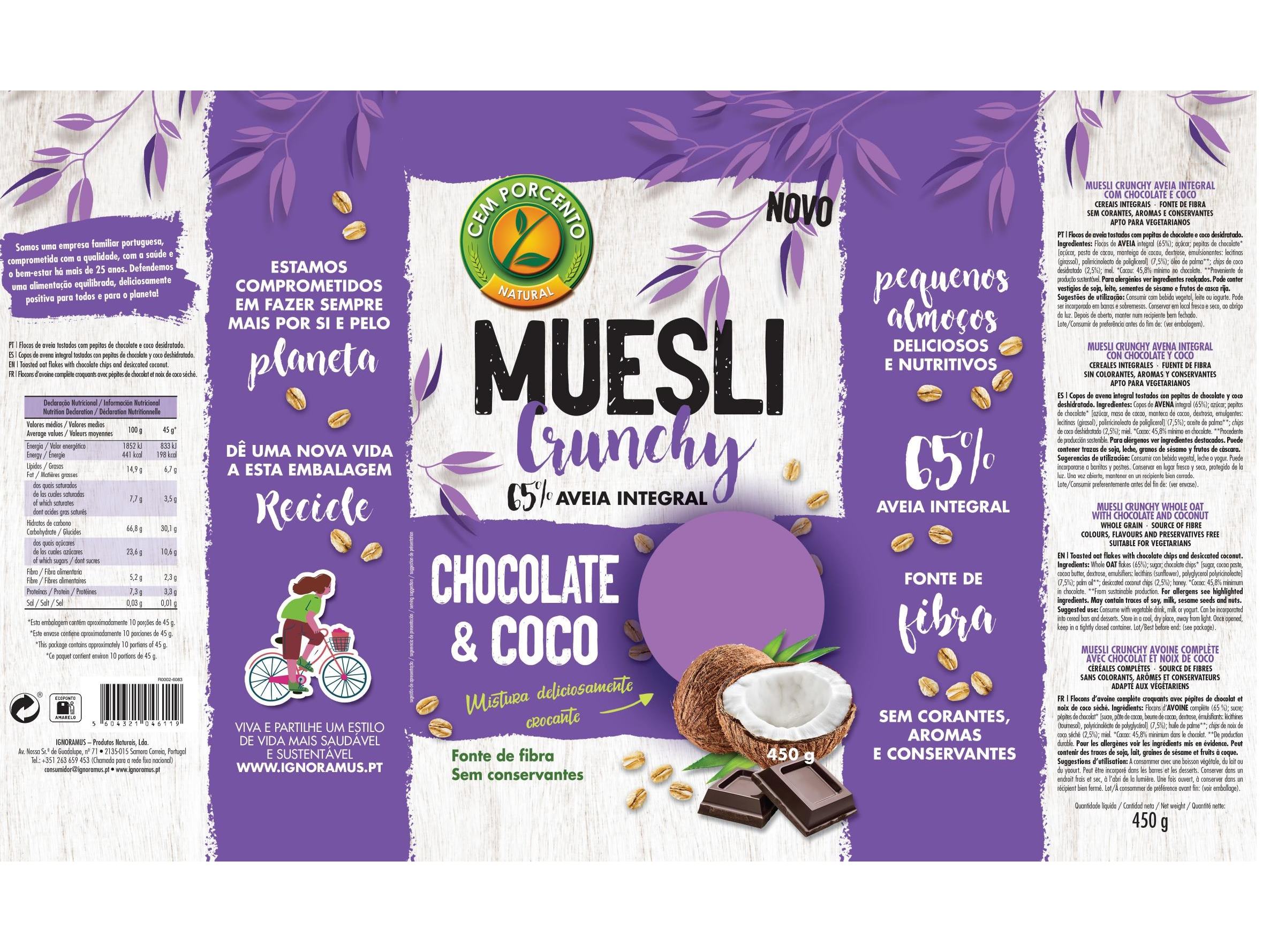 MUESLI CEM PORCENTO CRUNCHY CHOCO COCO 450 G