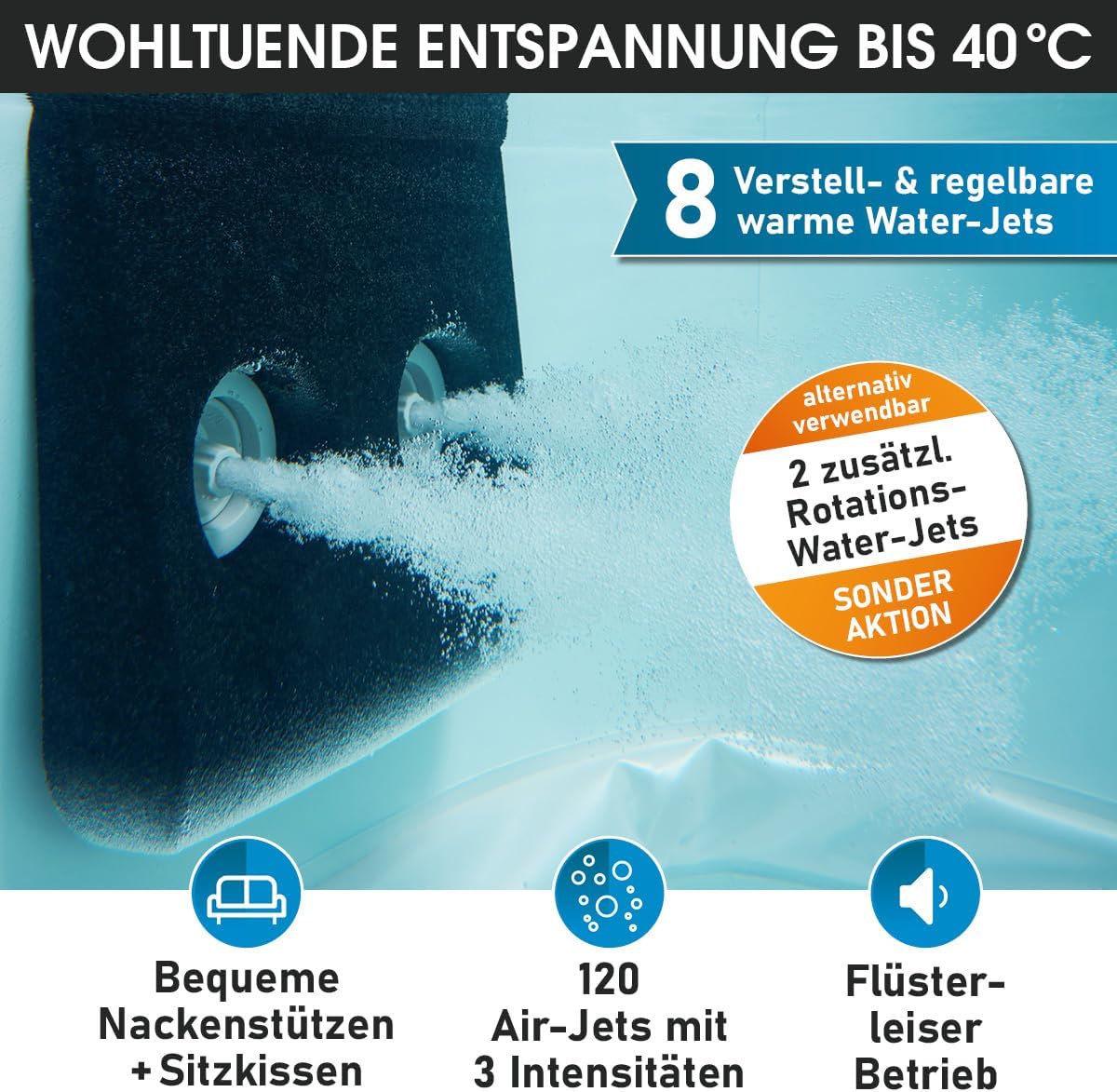 BRAST Whirlpool MSpa Oslo Amber mit Fester Außenwand | LED-Beleuchtung in 20 Farben für 6 Personen | 160x160x65cm | 120 Massagedüsen | Ganzjähriger Einsatz Winterfest | In & Outdoor Pool