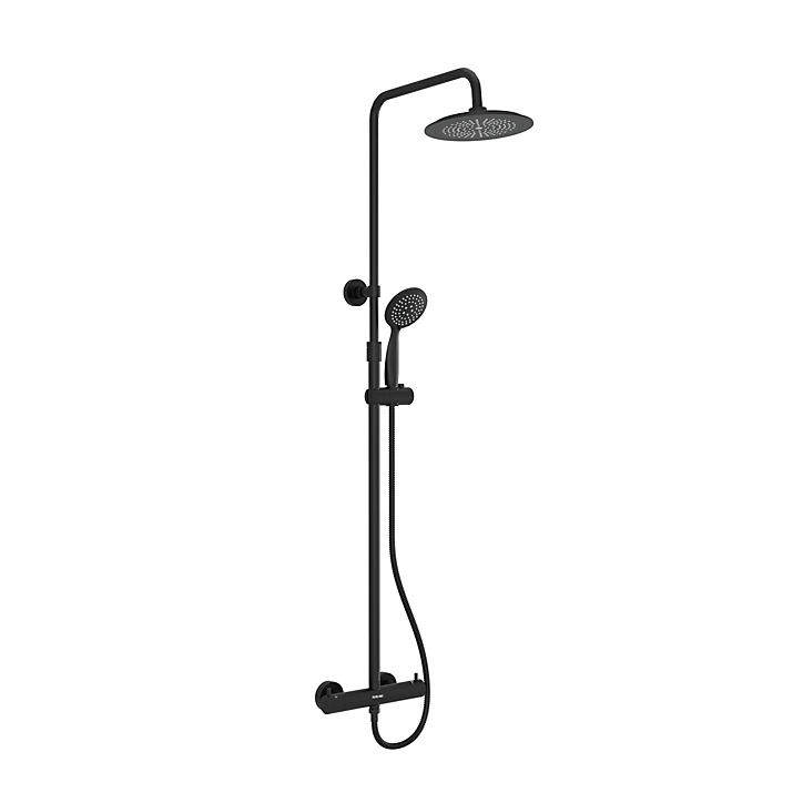 Colonne de douche thermostatique avec pommeau + douchette 2 jets + flexible + barre réglable, noir mat, Galedo Arty