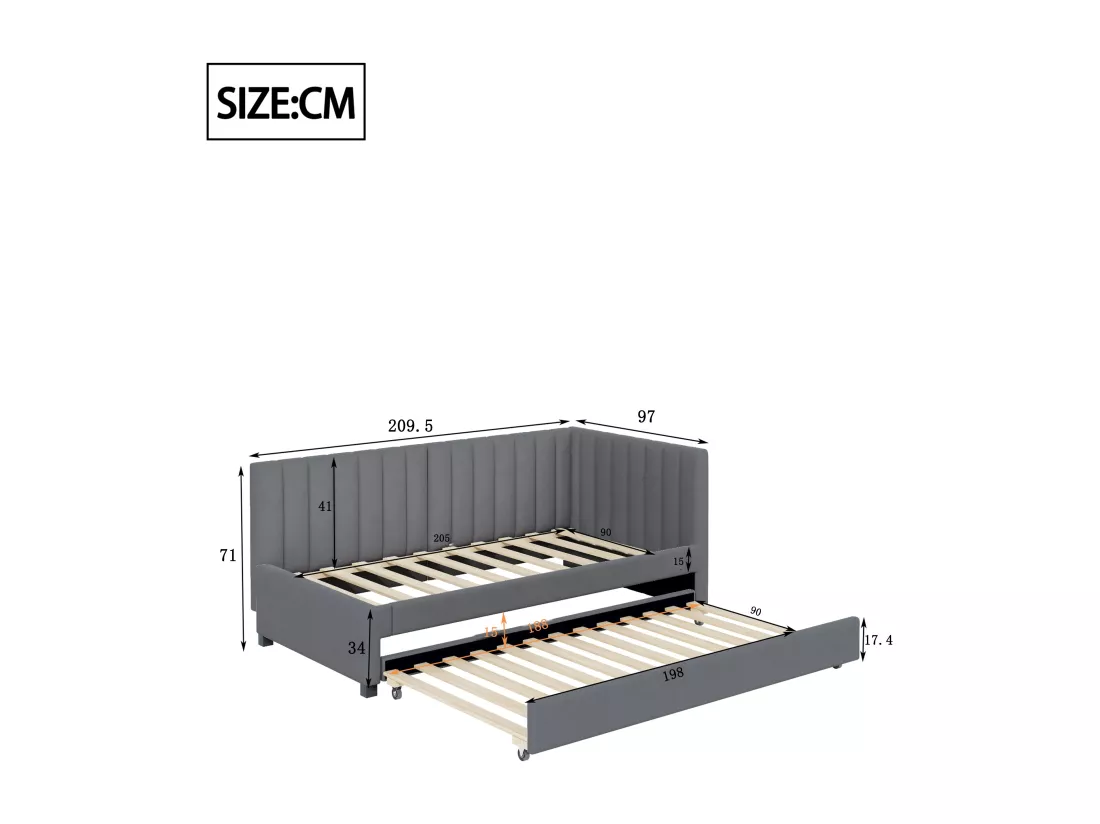 Lit gigogne 90 x 190/200 cm - canapé lit en velours - sommier à lattes - gris