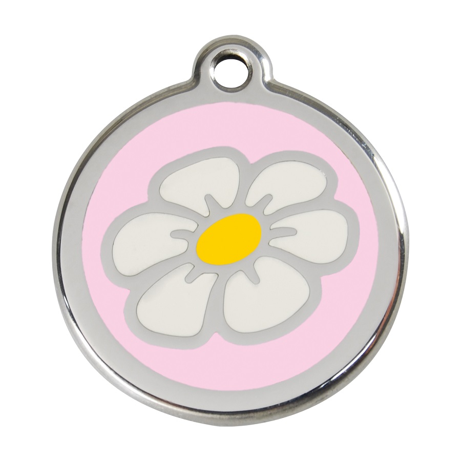Placa de identificação para cães em aço inoxidável esmaltado com margaridas rosa