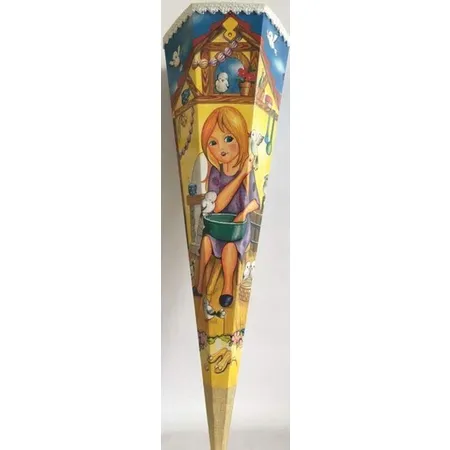 Nestler Schultüte Märchen Aschenputtel mit weißer Borde und gelben Tüll, 85 cm, 6 eckig