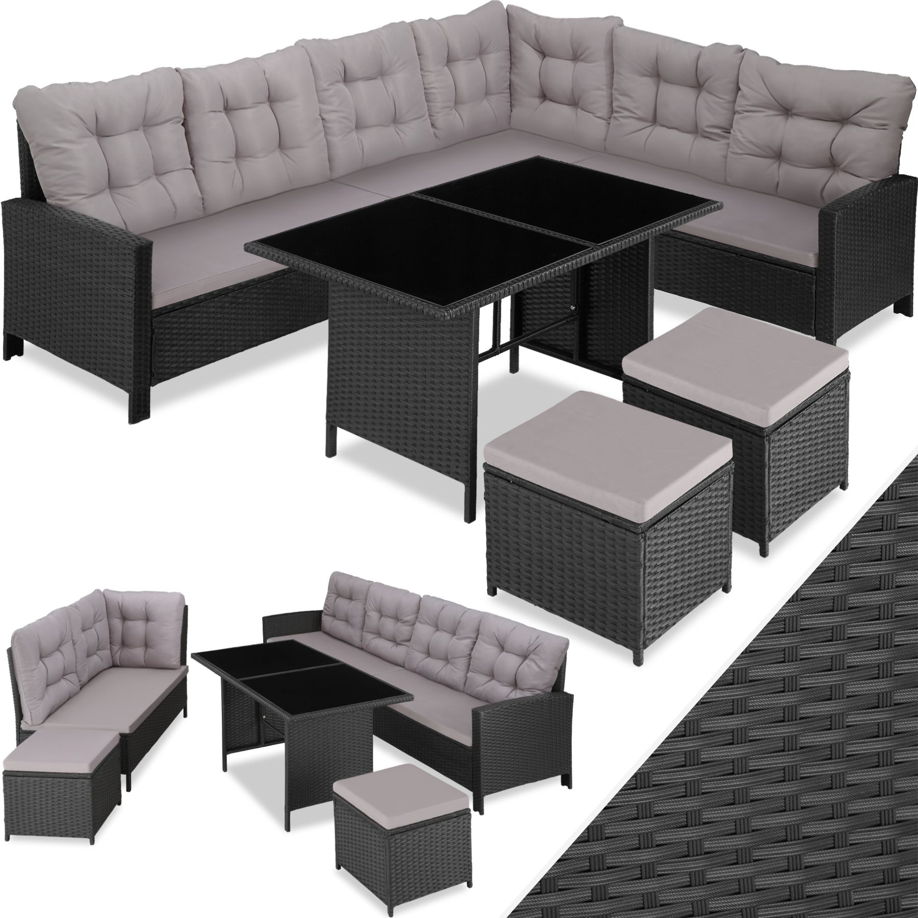 tectake® Rattan Lounge, für 6 bis 8 Personen, UV-beständig, mit Sicherheitsglasplatten