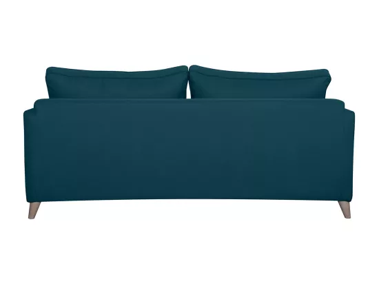 Canapé convertible scandinave 3 places en tissu bleu canard et bois clair avec matelas 10 cm PAPEL