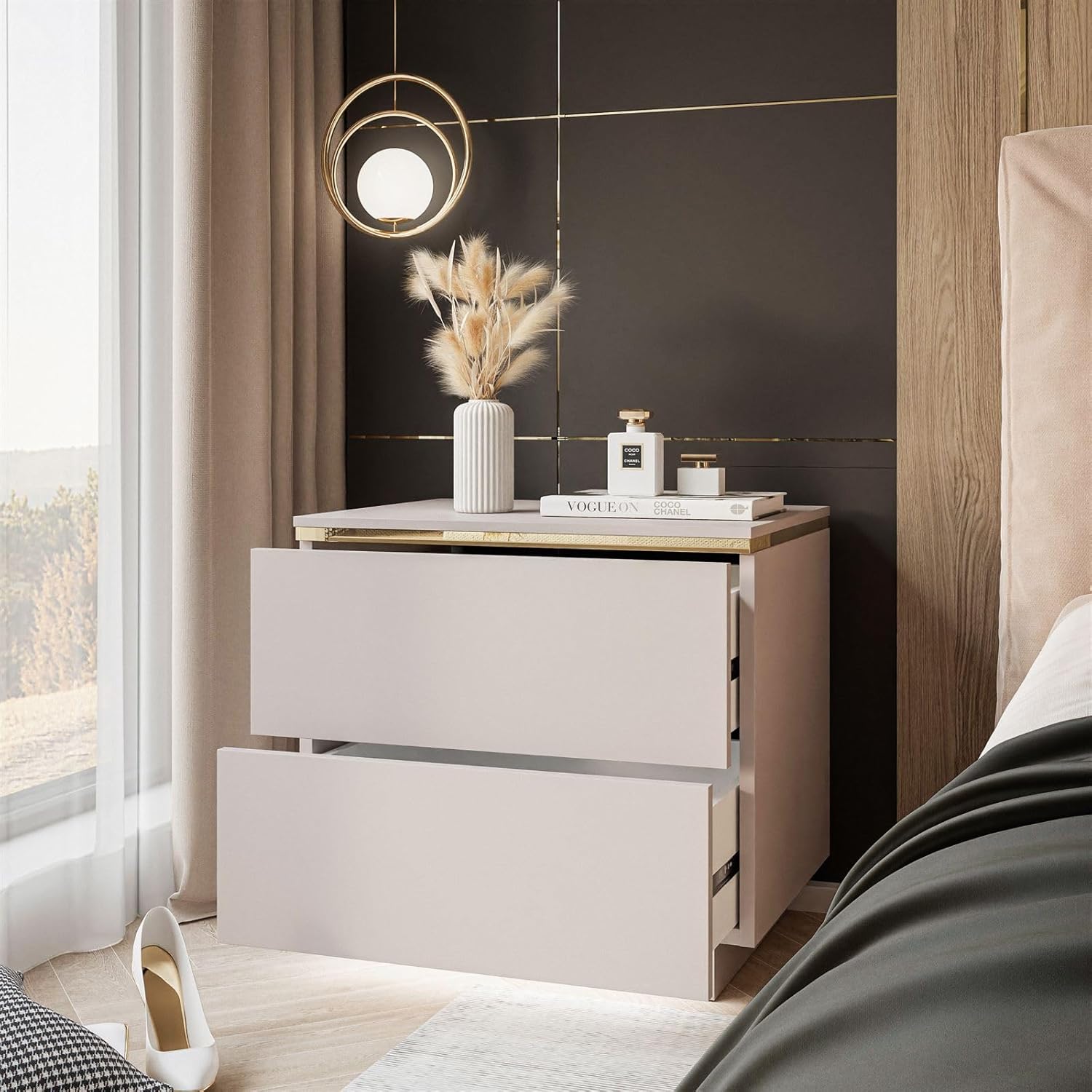 Lookway Nachttisch Aurora II Kaschmir Matt mit LED Beleuchtung Hängend oder auf Goldenen Beinen Gold Dekorative Leiste Modernes Schlafzimmermöbel (mit Sockel)