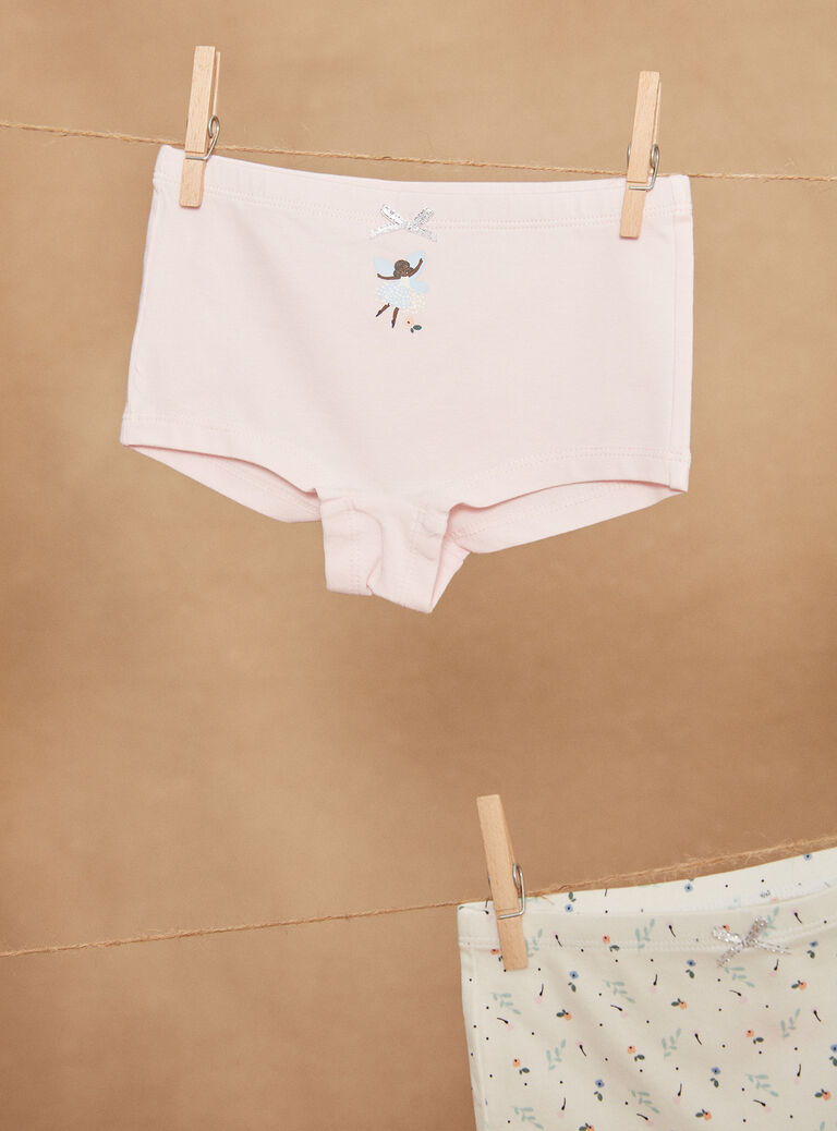 5 shortys ciel, écru, rose et orange à imprimé curs et fleuris et motifs fées danseuses