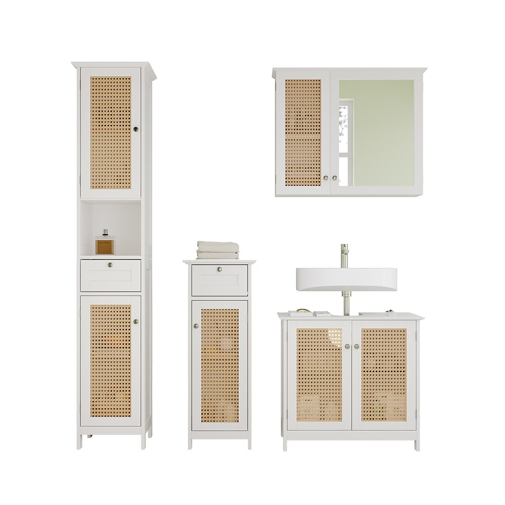Vicco Badmöbel-Set Rosario, Weiß, moderne Serie, Badezimmer, dekorative Front, Spiegelschrank, Waschtischunterschrank, Midischrank, Hochschrank