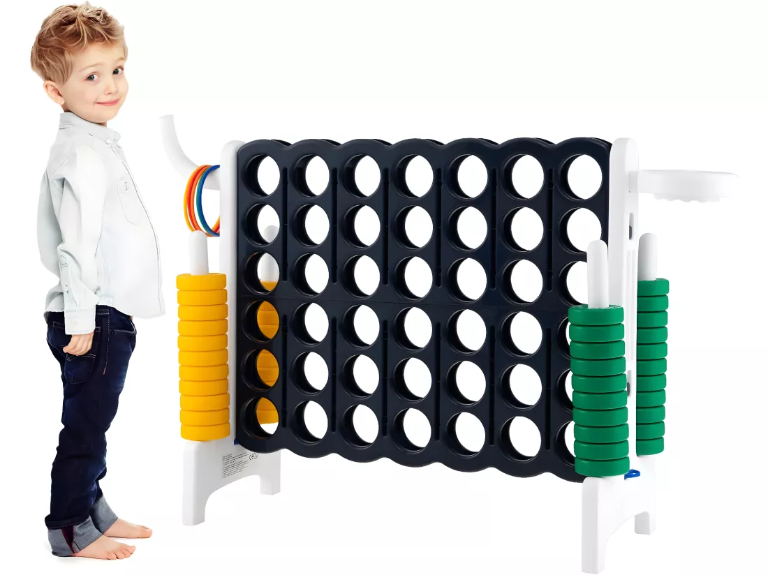 Jeux Puissance 4 Géant pour Enfants Multifonction 3 en 1 avec Cerceau de Basket-ball Jeu d’Anneaux au Côté 42 Anneaux Blanc