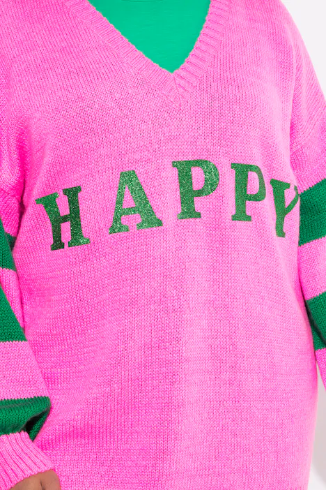 Pullover, oversized, HAPPY, Ringel-Ärmel, neon berry