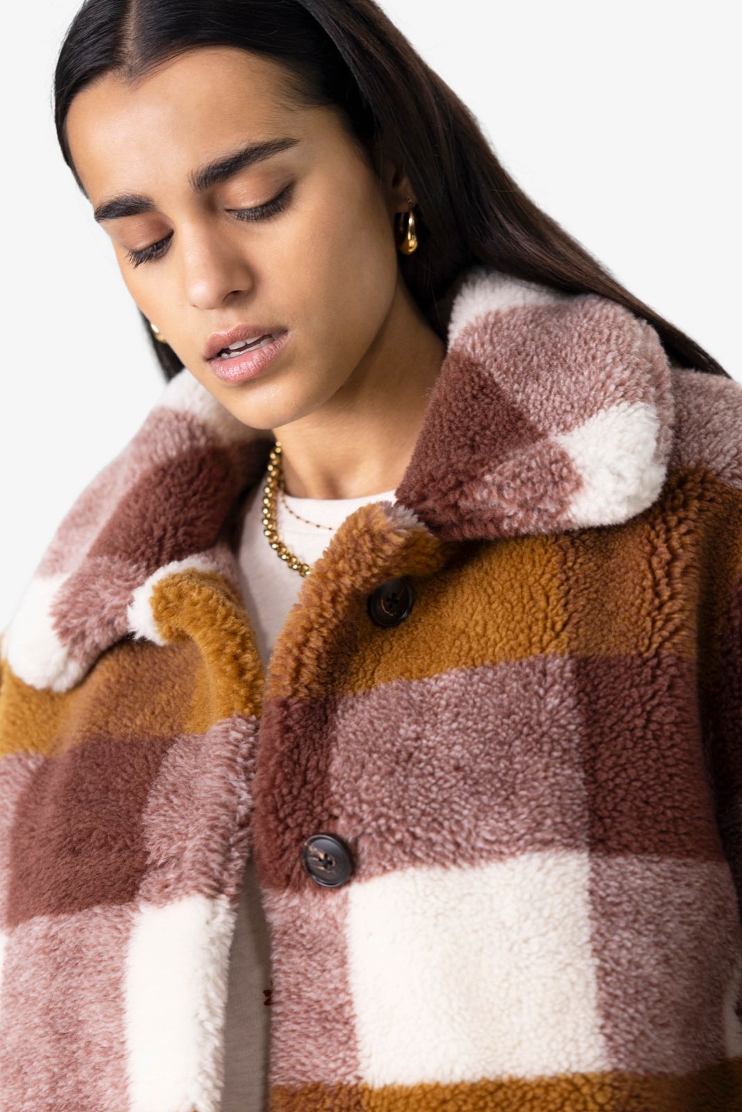 Bruine geruite faux fur jas
