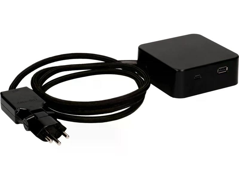 maxTex Steckdosenleiste Cube 3x T13, USB A/C, Schwarz/Schwa Mehrfachsteckdose im stylischen Design mit USB Charger A/C 18W, Textilkabel und clip-clap T12 Stecker