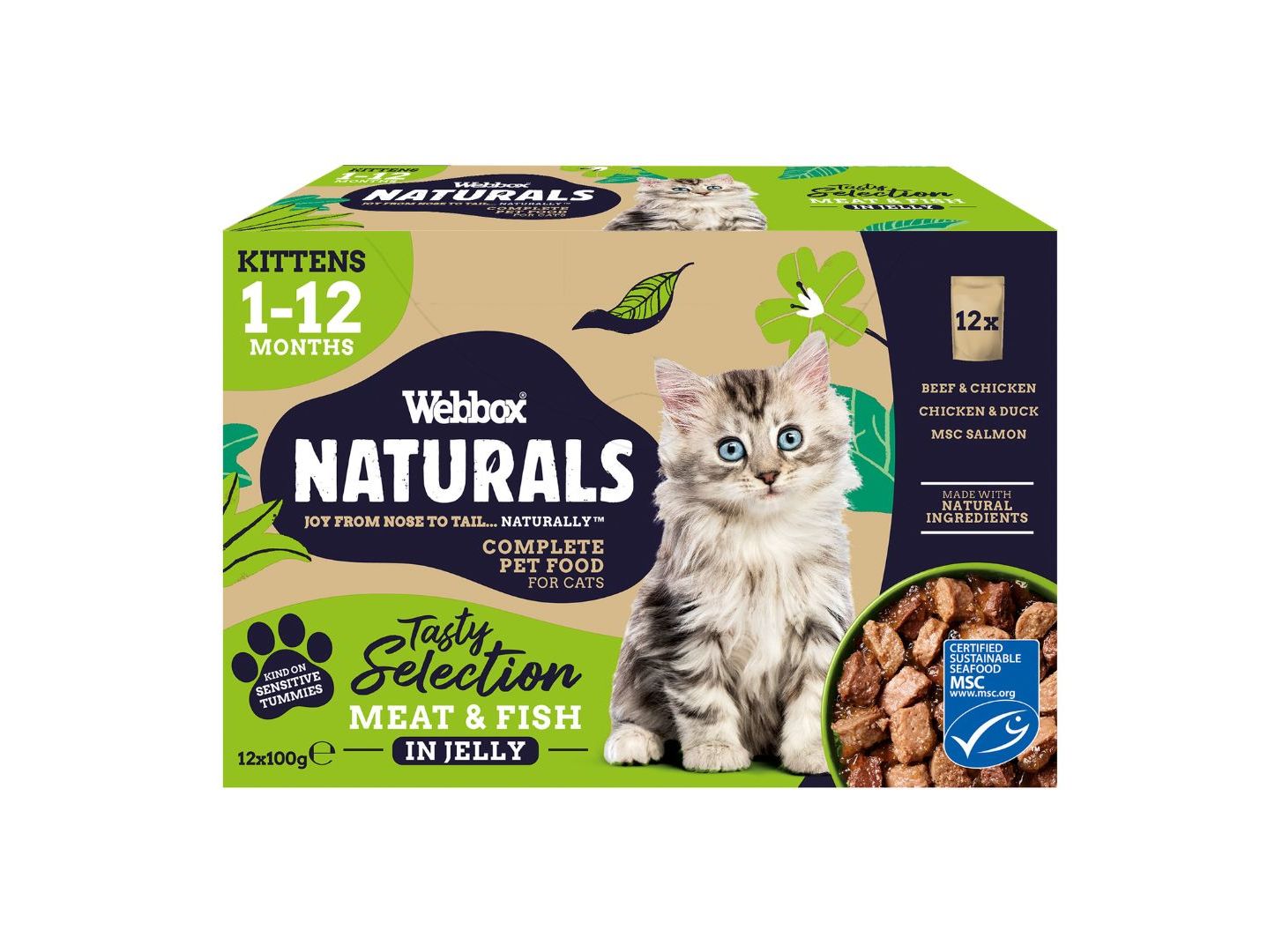COMIDA HÚMIDA PARA GATO NATURAL WEBBOX SAQUETAS PARA GATINHOS 12X100G