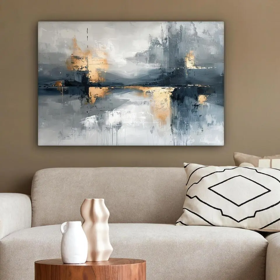 MuchoWow Canvas Schilderij 90x60cm Kunst Grijs Goud Abstract