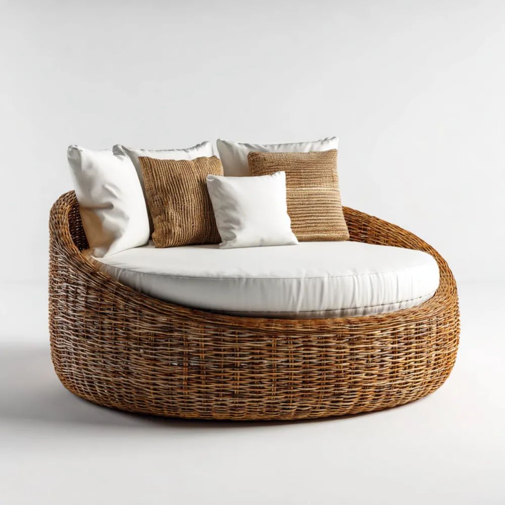 Rattan Loungesessel – Naturfaser – Rund – 120x120x75 cm – Natur/Cremew
