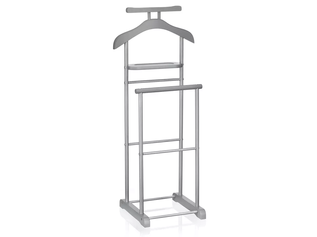 Valet de chambre MEDINA chevalet de nuit double portant pour vêtements, en MDF gris et métal laqué argenté