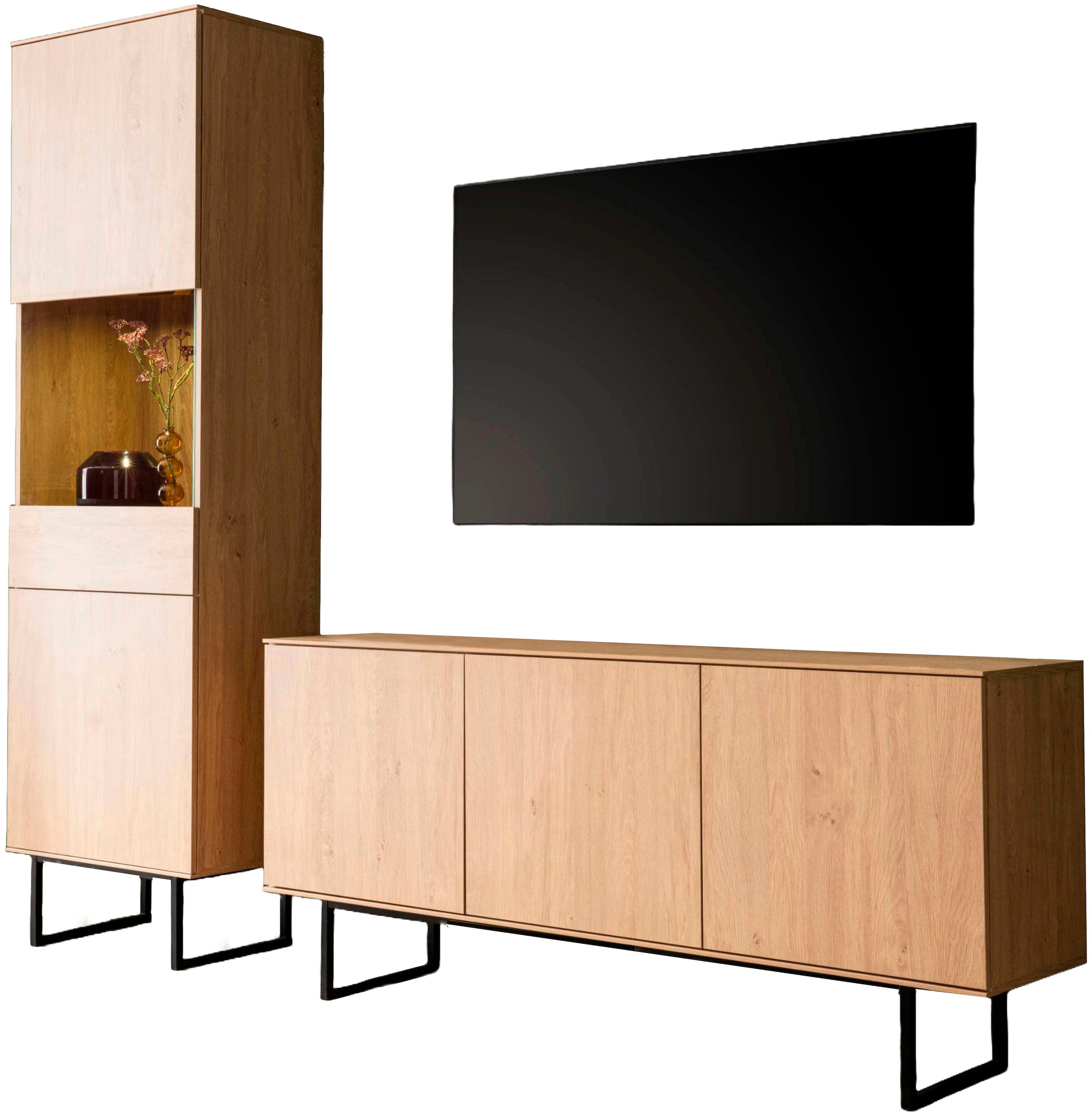 Home affaire Wohnwand »Lund, moderne Anbauwand, Wohnzimmer-Set in Stone Oak« 2 Stk. tlg.