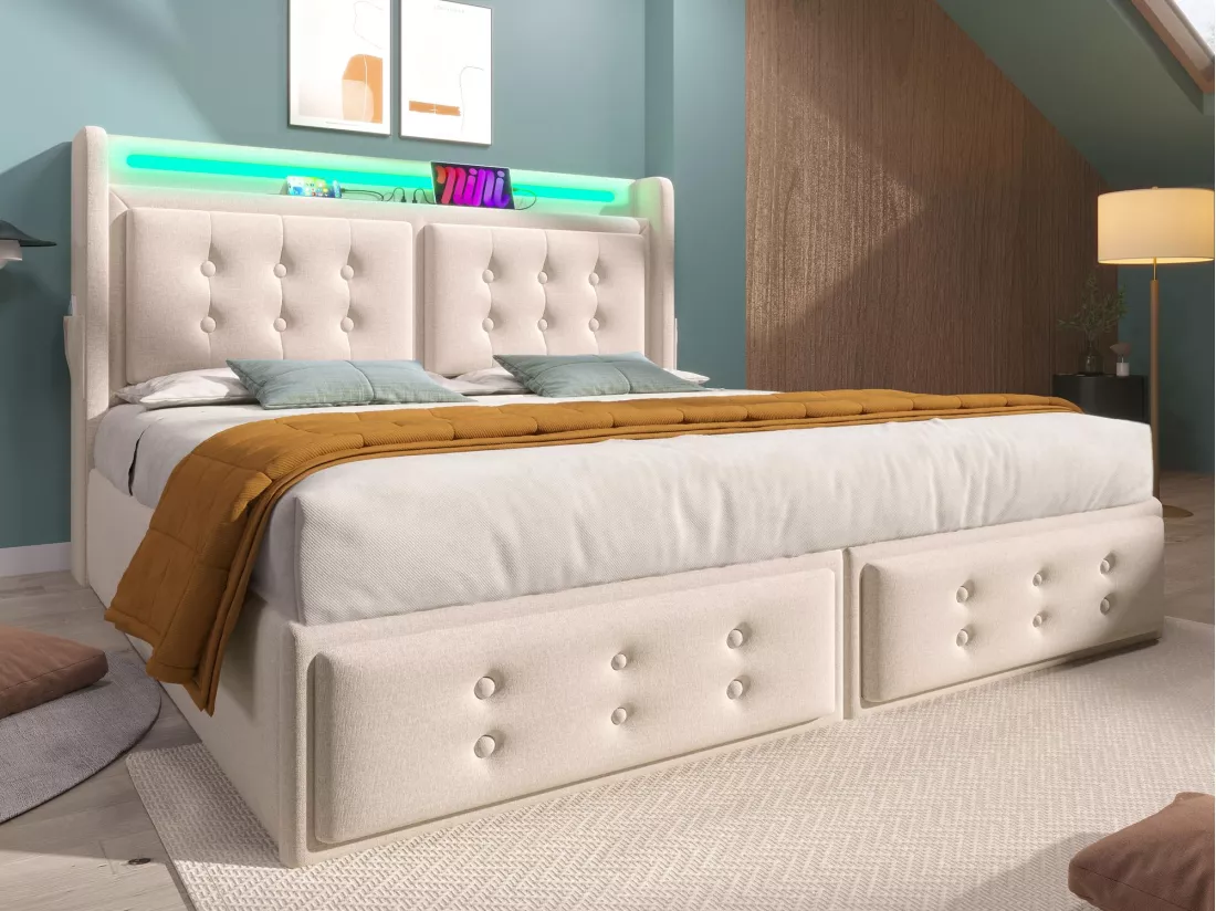 Lit coffre 180x200cm en tissu lin - avec LED et Ports de recharge - Beige