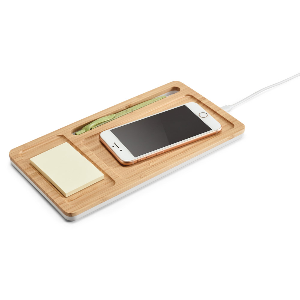 hi!dea 97911 - Organiseur de bureau avec chargeur sans fil 15W en bambou et ABS