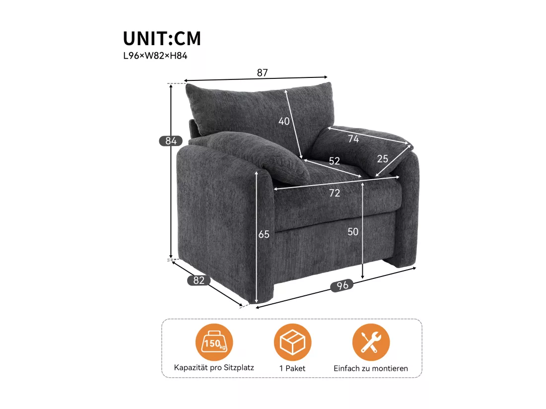 Fauteuil Moderne en Chenille, Canapé Décoratif de Grande Taille, Chaise de Salon et Chambre, Fauteuil Individuel, avec Coussins et Structure en Bois