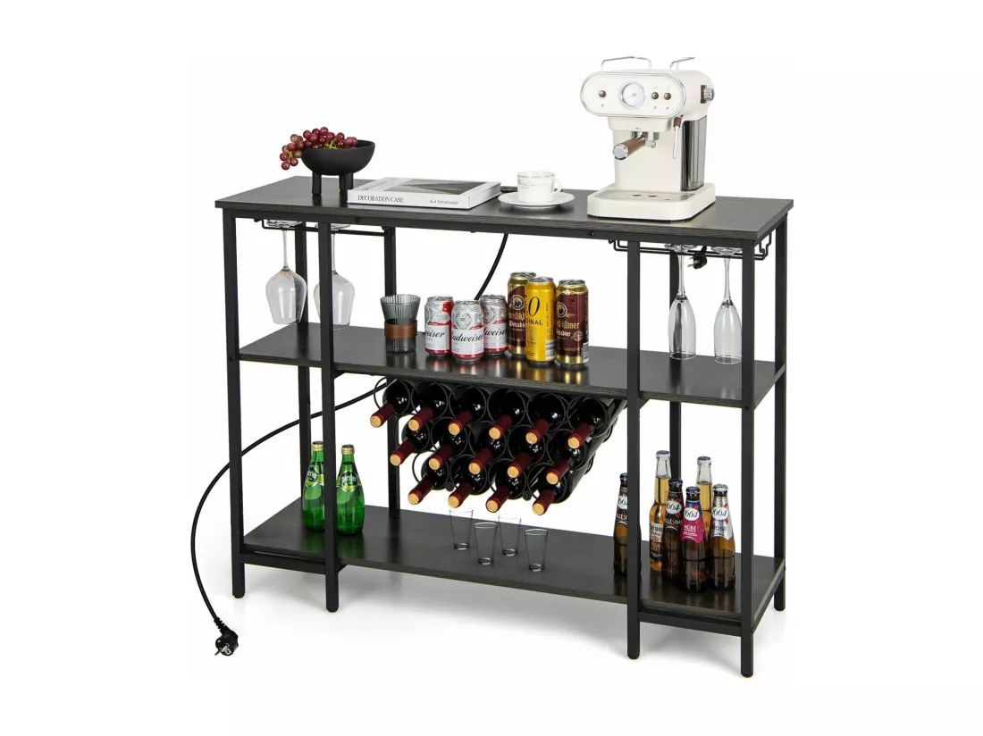 Étagère à vin 15 bouteilles, étagères de rangement, prises de courant, 2 ports usb (gris)