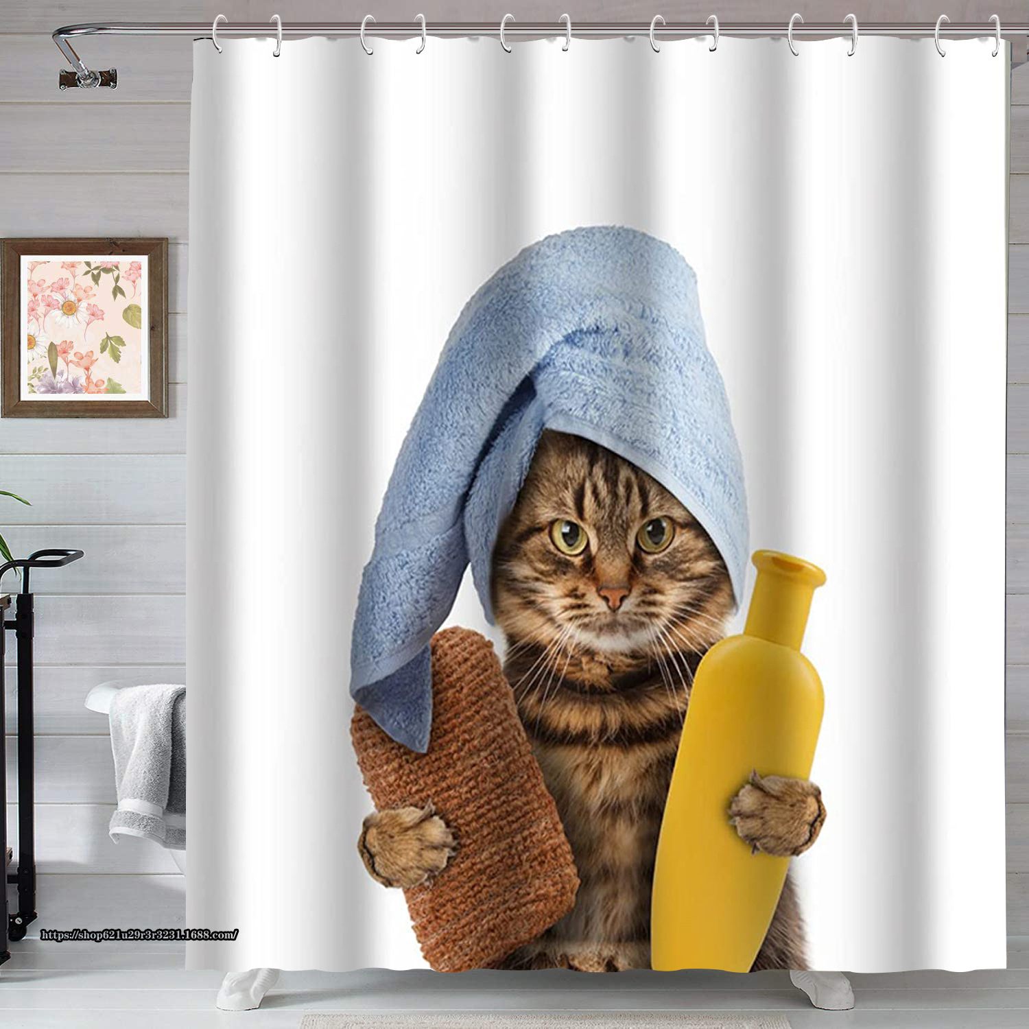 (180x200cm) Anti-Schimmel Duschvorhang inkl. 12 Duschstangen Ringe - Katze