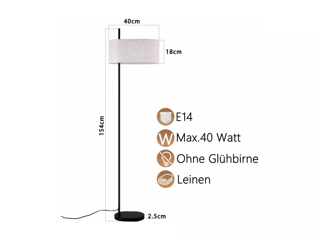 NETTLIFE Lampadaire salon lampadaire vintage 154cm noir E27 lampadaires avec interrupteur au pied